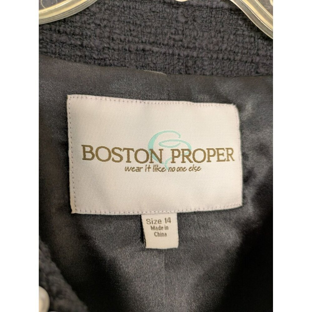 Size 14 Boston Proper Black Tweed Blazer Faux Pearls Trim - Picture 3 of 6